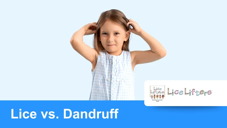 Graphic reading "Lice vs. Dandruff" beneath a child touching their hair.