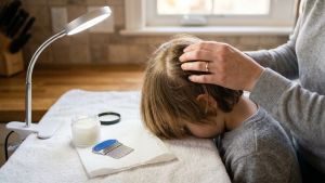 Parent gently parting a childs hair near the scalp under a clip-on lamp with a fine-toothed lice comb on a white towel