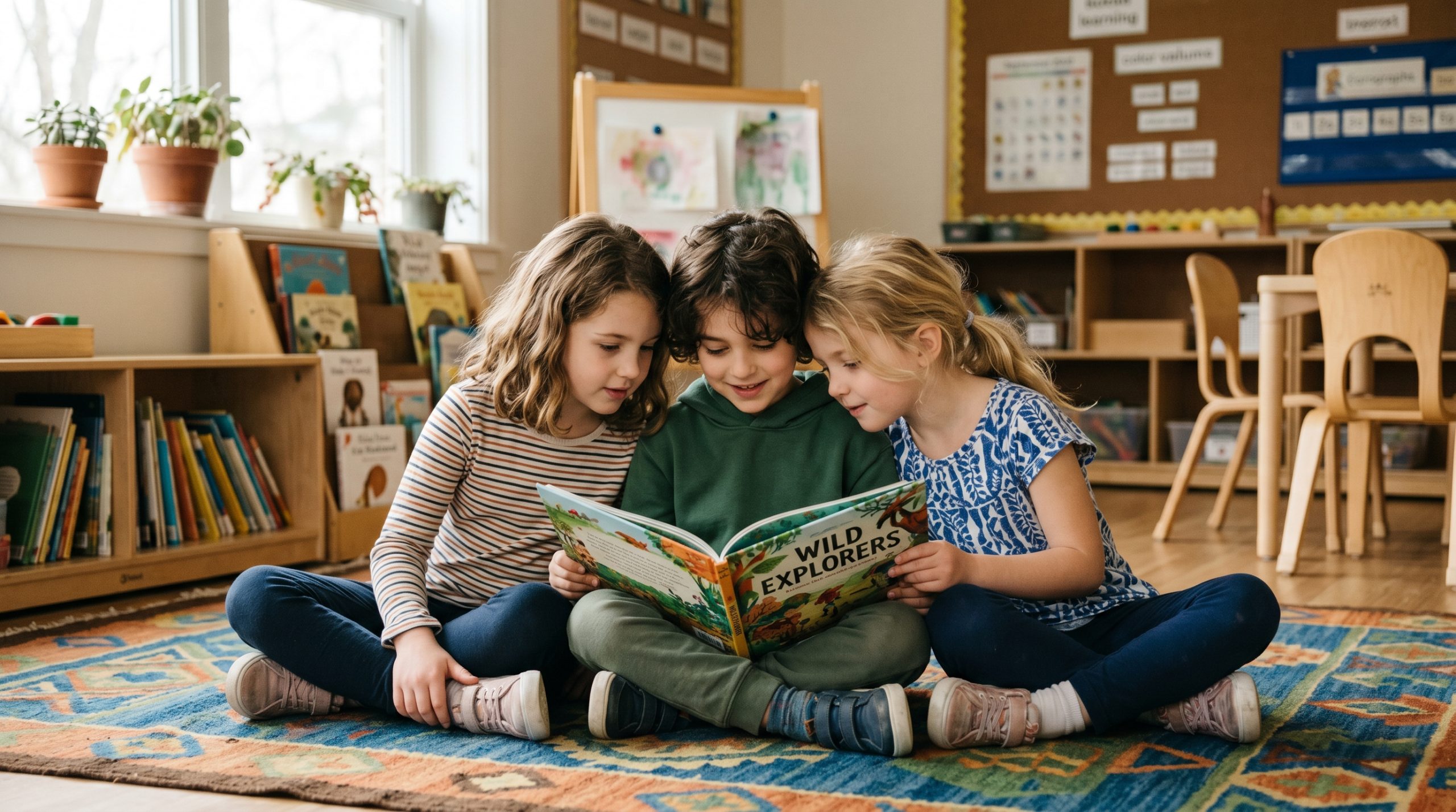 Three young elementary-aged children sitting cross-legged on a classroom reading rug with their heads close together over a shared picture book, illustrating the head-to-head contact pattern that explains why kids get head lice more often than adults.