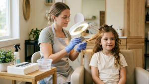 Mercer County lice technician carefully combing a young child's hair under a magnifying salon lamp during a focused professional visit.
