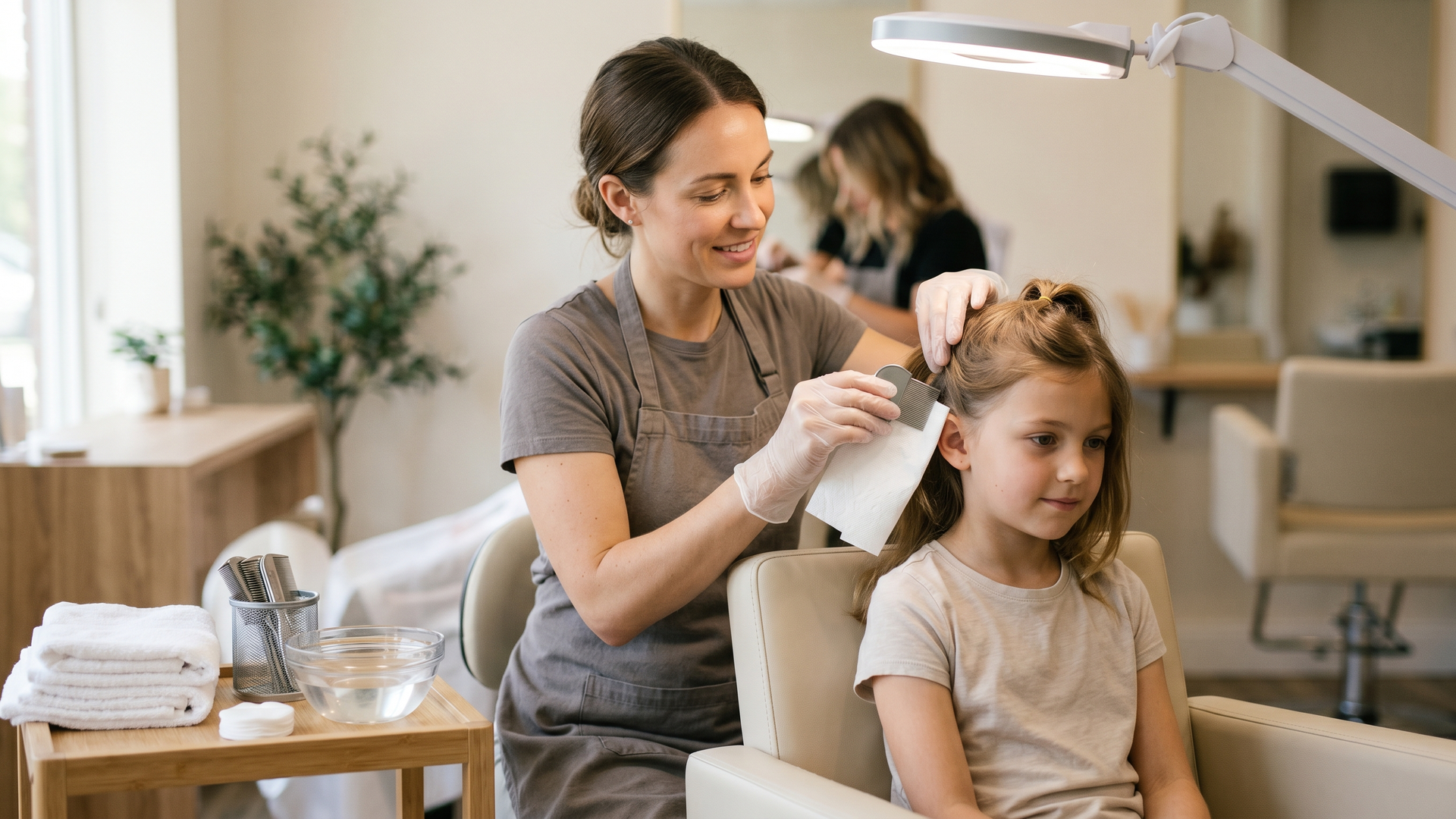 Mercer County lice technician carefully screening a young child's hair with a fine-toothed nit comb under a bright salon lamp during a thorough recheck.