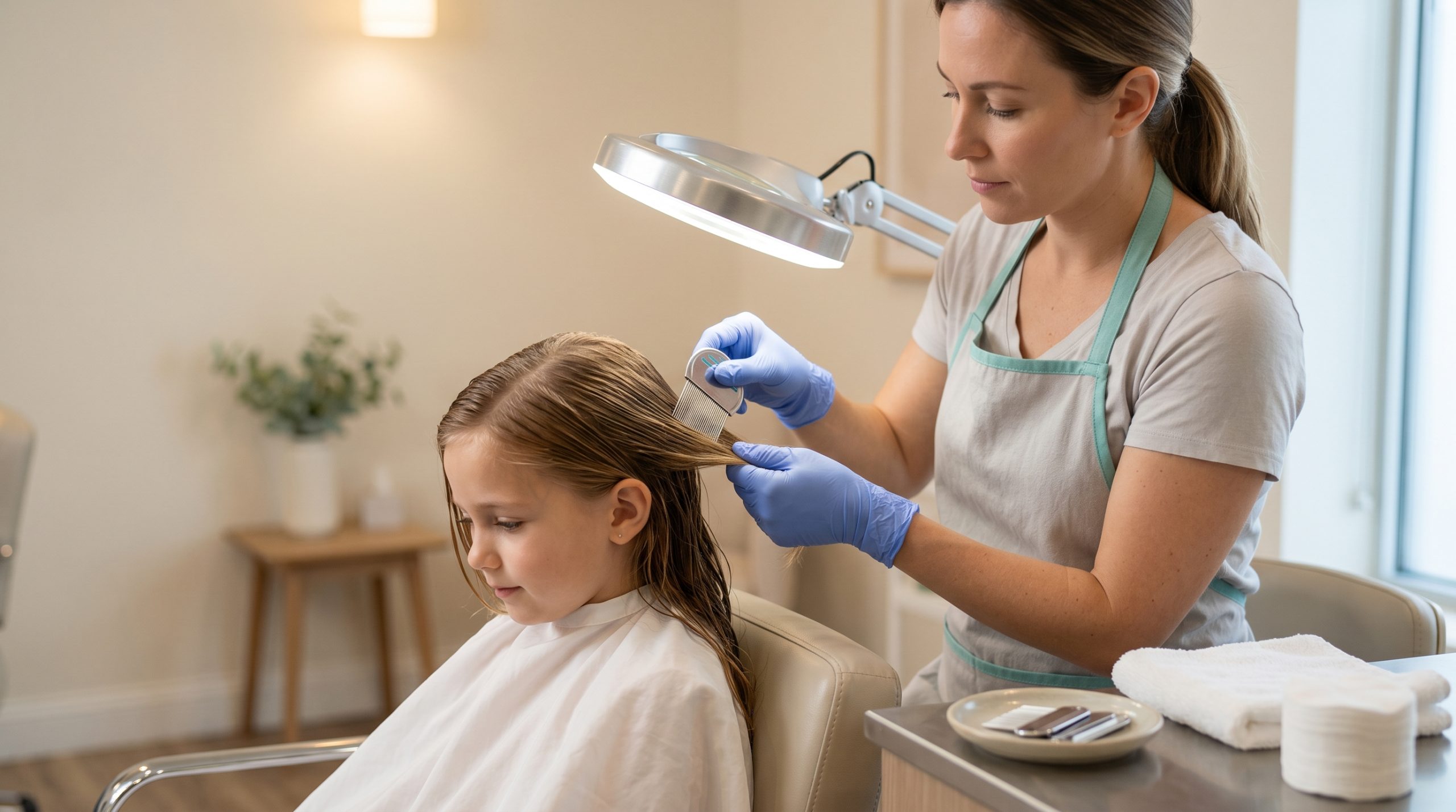 A calm professional lice technician at a clean Mercer County salon sectioning a young child's hair under a bright salon lamp with a fine-toothed silver nit comb, illustrating the comb-out approach used instead of a flat iron.
