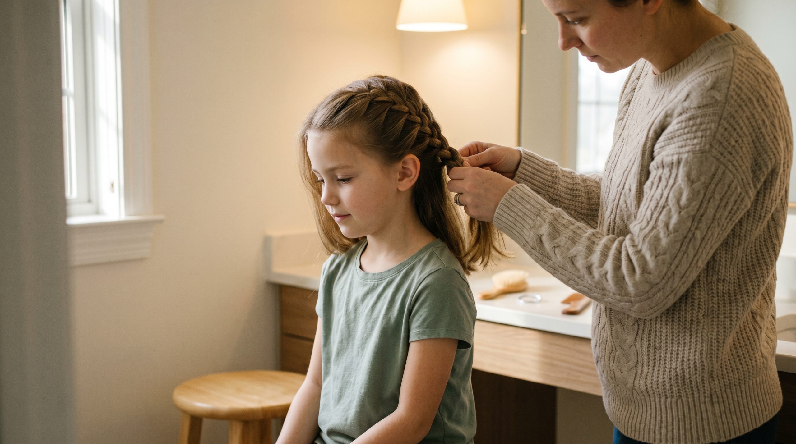 Parent braiding a child long hair at home