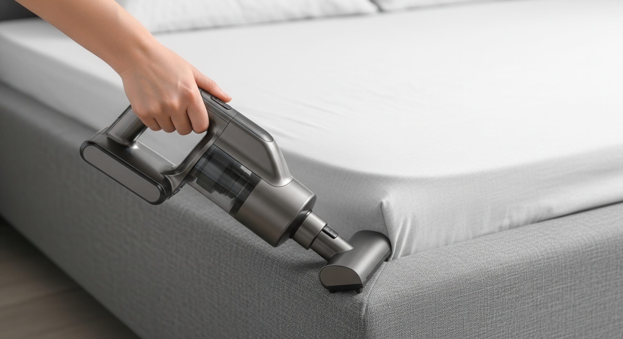Handheld cordless vacuum cleaning a mattress to remove dust mites and parasites
