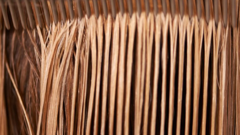 Brown hair strands between closely spaced comb teeth